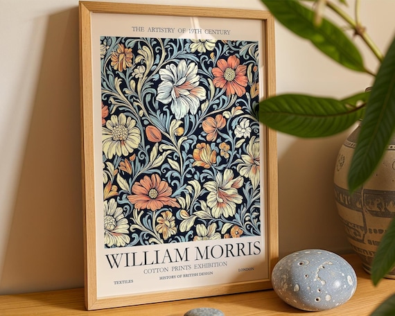 William Morris Print Vintage Floral, Bold Navy Orange Exhibition