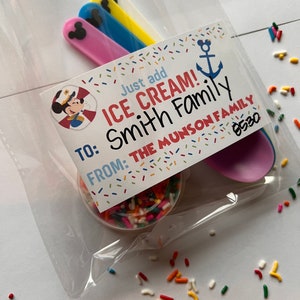 May include: A clear plastic bag filled with colorful sprinkles, four plastic spoons with Mickey Mouse ears, and a card that reads "Just add ICE CREAM! To: Smith Family From: The Munson Family 8530".