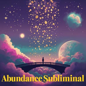 May include: A digital illustration of a person standing on a bridge in the clouds with gold coins raining down from the sky. The text "Abundance Subliminal" is written in yellow at the bottom of the image.