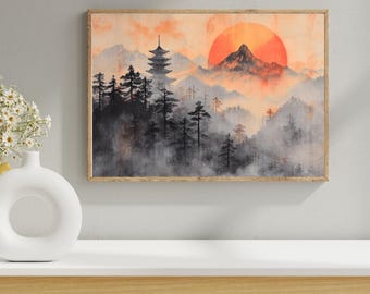 Japanische Berg Sonnenuntergang Landschaft Pagode & Misty Pines Wandkunst | Zen asiatischer Panoramadruck | Wallpaper Digitaler Download