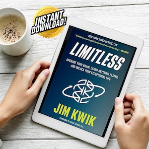 Puede incluir: Una tableta blanca mostrando la portada del libro "Limitless" de Jim Kwik. La portada tiene un fondo azul con una ilustración blanca de un cerebro y el texto "Upgrade your brain, learn anything faster, and unlock your exceptional life." El libro es un best-seller del New York Times.