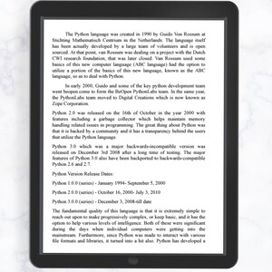 K&ouml;nnte beinhalten: Ein schwarz-wei&szlig;es Textdokument mit dem Titel "Python Version Release Dates" und einer Liste von Python-Versionen und deren Ver&ouml;ffentlichungsdaten. Das Dokument beschreibt die Geschichte der Programmiersprache Python, einschlie&szlig;lich ihrer Entstehung im Jahr 1990 durch Guido van Rossum und ihrer Entwicklung durch ein Team von Freiwilligen.