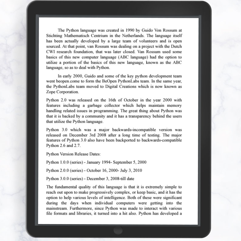 K&ouml;nnte beinhalten: Ein schwarz-wei&szlig;es Textdokument mit dem Titel "Python Version Release Dates" und einer Liste von Python-Versionen und deren Ver&ouml;ffentlichungsdaten. Das Dokument beschreibt die Geschichte der Programmiersprache Python, einschlie&szlig;lich ihrer Entstehung im Jahr 1990 durch Guido van Rossum und ihrer Entwicklung durch ein Team von Freiwilligen.