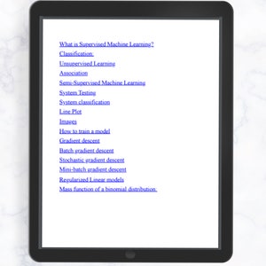 K&ouml;nnte beinhalten: Ein Screenshot eines Computerbildschirms, der eine Liste von Themen im Zusammenhang mit maschinellem Lernen anzeigt. Die Themen umfassen &uuml;berwachtes maschinelles Lernen, un&uuml;berwachtes Lernen, semi-&uuml;berwachtes Lernen, Systemtests, Systemklassifizierung, Liniendiagramm, Bilder, wie man ein Modell trainiert, Gradientenabstieg, Batch-Gradientenabstieg, stochastischer Gradientenabstieg, Mini-Batch-Gradientenabstieg, regularisierte lineare Modelle und die Massenfunktion einer Binomialverteilung.