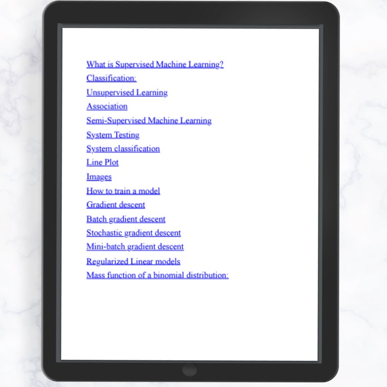 K&ouml;nnte beinhalten: Ein Screenshot eines Computerbildschirms, der eine Liste von Themen im Zusammenhang mit maschinellem Lernen anzeigt. Die Themen umfassen &uuml;berwachtes maschinelles Lernen, un&uuml;berwachtes Lernen, semi-&uuml;berwachtes Lernen, Systemtests, Systemklassifizierung, Liniendiagramm, Bilder, wie man ein Modell trainiert, Gradientenabstieg, Batch-Gradientenabstieg, stochastischer Gradientenabstieg, Mini-Batch-Gradientenabstieg, regularisierte lineare Modelle und die Massenfunktion einer Binomialverteilung.