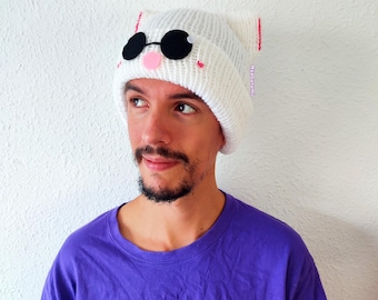Handgemaakte witte kattenbeanie: Shonen anime-cosplayaccessoire