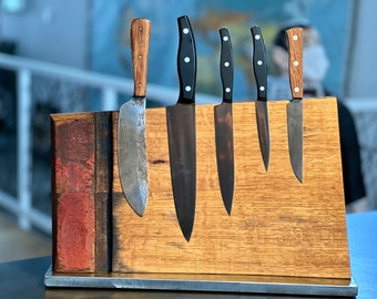 Magnetisch messenblok van oude eikenhouten vaten, magnetisch blok, messenhouder, uniek, wijnvat, zonder messen, upcycling, duurzaam