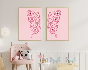 Set of 2 Pink Split Butterfly Wall Art, Pink Evil Eye Art, Preppy Room Decor, Girly Aesthetic College Dorm Decor, Y2K printable art