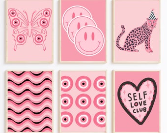 Set of 6 Pink Preppy Wall Art Trendy, Trendy Dorm Prints, Girly Wall Art, College Dorm Decor, Aesthetic Cute Apartment Decor, PRINTABLE