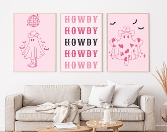 Set of 3 Retro Cowboy Ghost Home Decor, Cowgirl Printable Digital Downlad Wall Art, Trendy Wall Art, Pink Howdy Wall Art, Disco Cowboy Ghost