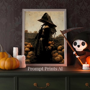 Halloween Witch Art Print, Surreal Witch, Digital Printable Download, Dark Moody Wall Art, Vintage Pumpkin Fall Decor, Midjourney AI | 1