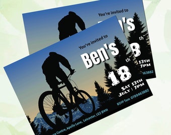 Mountainbike Geburtstag Einladung | Blaues Fahrrad | Bearbeitbare Vorlage | Sofort Download