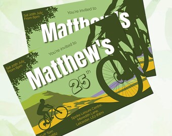 Mountainbike Geburtstag Einladung | Grünes Fahrrad | Bearbeitbare Vorlage | Sofort Download