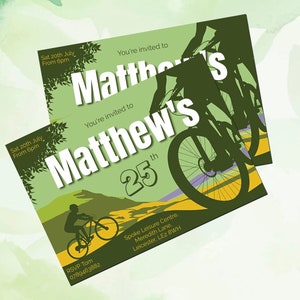 Mountainbike Geburtstag Einladung | Grünes Fahrrad | Bearbeitbare Vorlage | Sofort Download