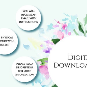 K&ouml;nnte beinhalten: Digitaler Download-Grafik mit einem Aquarell-Blumenhintergrund. Der Text "DIGITAL DOWNLOAD" befindet sich in einem wei&szlig;en Kreis mit schwarzem Rand. Der Text "KEIN PHYSIKALISCHES PRODUKT WIRD VERSANDT" befindet sich in einem wei&szlig;en Kreis mit schwarzem Rand. Der Text "SIE ERHALTEN EINE E-MAIL MIT ANWEISUNGEN" befindet sich in einem wei&szlig;en Kreis mit schwarzem Rand. Der Text "BITTE LESEN SIE DIE BESCHREIBUNG F&Uuml;R WEITERE INFORMATIONEN" befindet sich in einem wei&szlig;en Kreis mit schwarzem Rand.