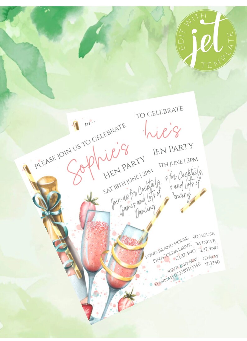 K&ouml;nnte beinhalten: Eine rosa und wei&szlig;e Einladung mit einer Aquarell-Illustration von Champagnergl&auml;sern und Erdbeeren. Der Text lautet "Bitte feiern Sie mit uns Sophies Junggesellinnenabschied, Sa 18. Juni | 14:00 Uhr, Begleiten Sie uns zu Cocktails, Spielen und viel Tanz".