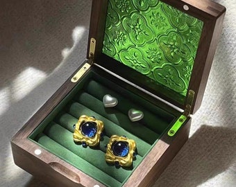 flower pattern glass wood ring box earring box jewelry storage box retro ring storage box birthday gift for her valentine&#39;s present