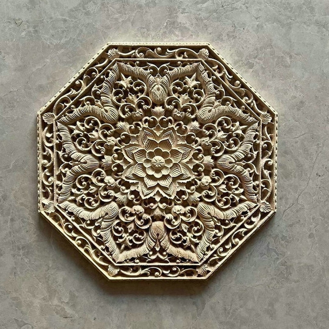 Relief Flower Polygon Wood Carving Decal Thoughcarved Wood Etsy