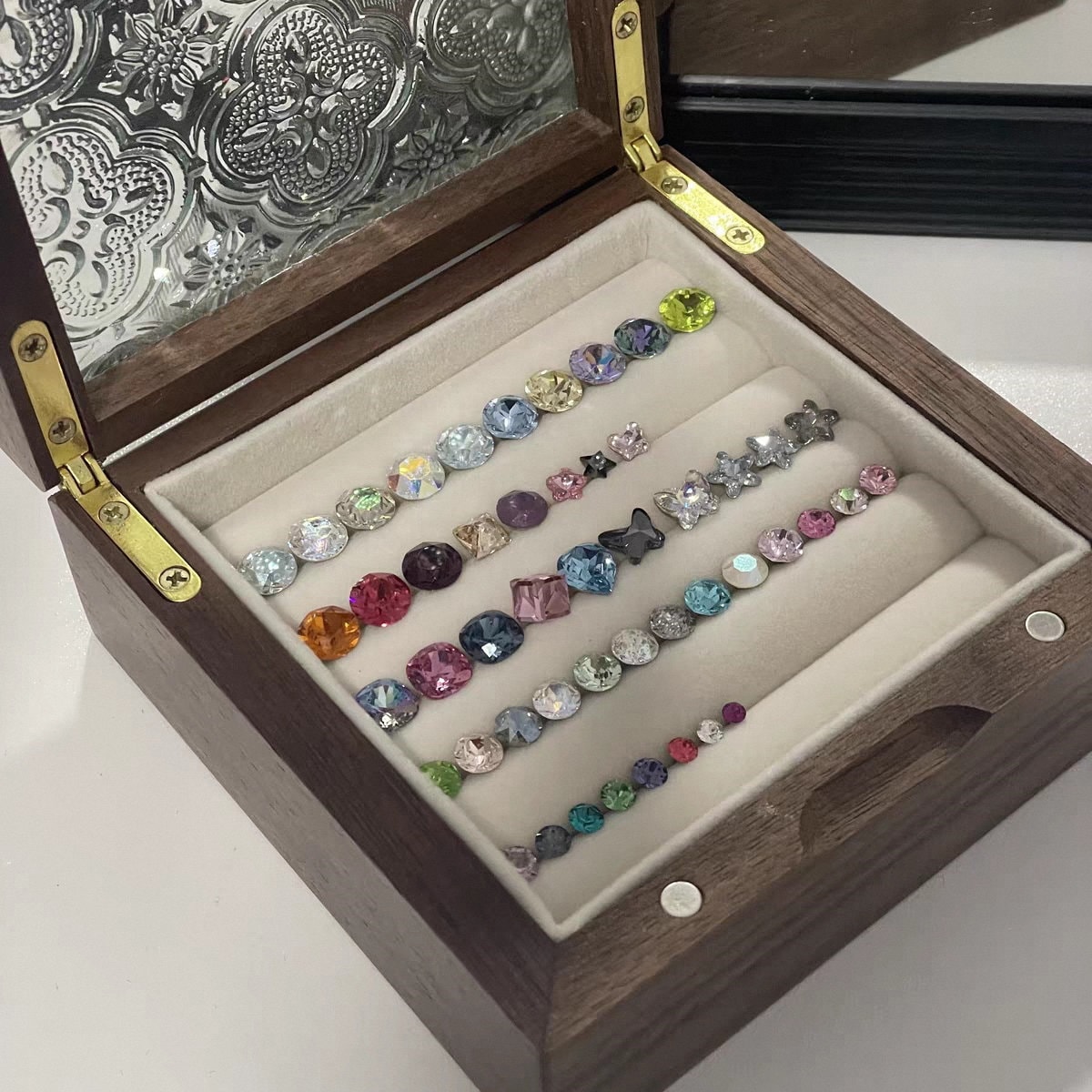 Flower Pattern Glass Wood Ring Box Earring Box Jewelry Storage Box ...