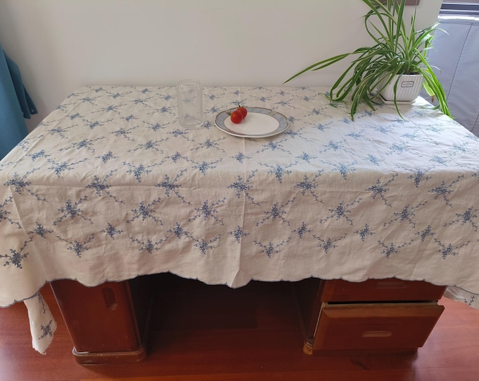blue yellow embroidery leaves  flowers white linen table cloth cotton French stylish rectangle table cover
