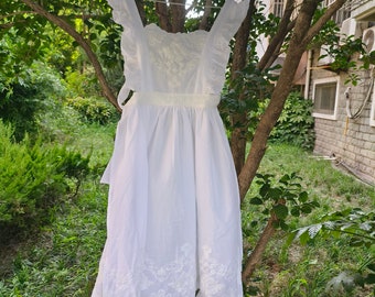white embroidery frilly apron with lace French maid apron bakery garden kitchen apron Edwardian apron