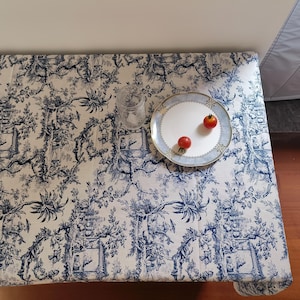 Toile de Jouy cotton linen table cloth navy French style romantic rectangle table cover