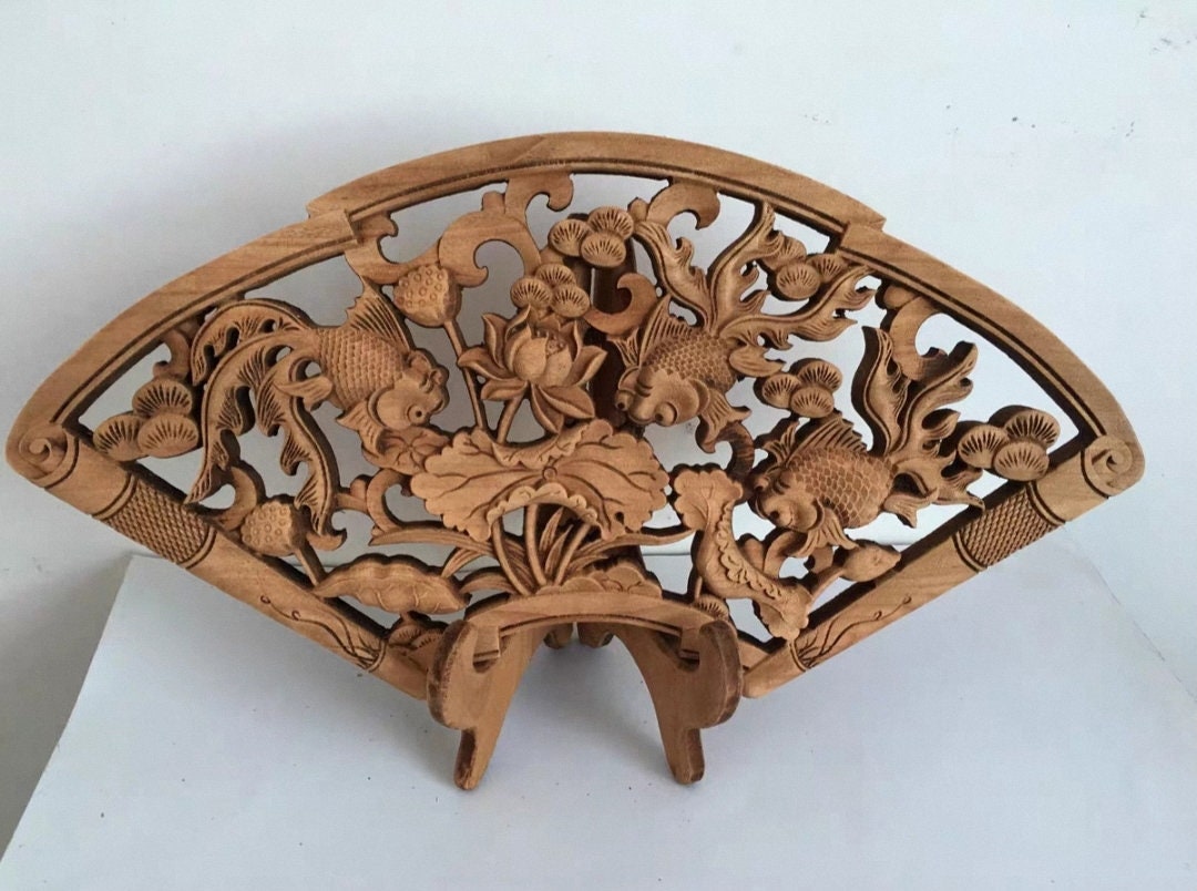 Animals Fished Lotus Flowers Wood Carving Fan Shape Thoughcarved Wood