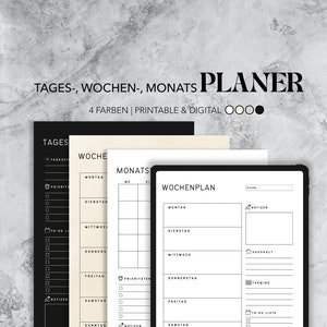 May include: A printable and digital planner with four color options. The planner includes sections for daily, weekly, and monthly planning. The weekly section includes a to-do list, notes, household, appointments, and priorities.