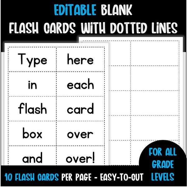 Editable Flash Cards with Dotted Lines - 10 per page | Flashcards Template | Editable PDF | Printable Flashcards | Blank Flash Cards