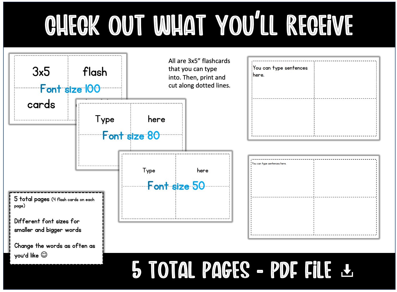 Editable 3x5 Flash Cards With Dotted Lines 4 per Page Flashcards Editable PDF Printable