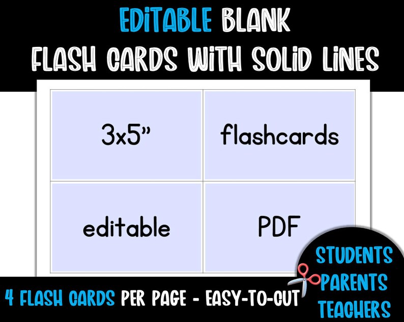 Editable 3x5 Flash Cards With Solid Lines 4 per Page Etsy