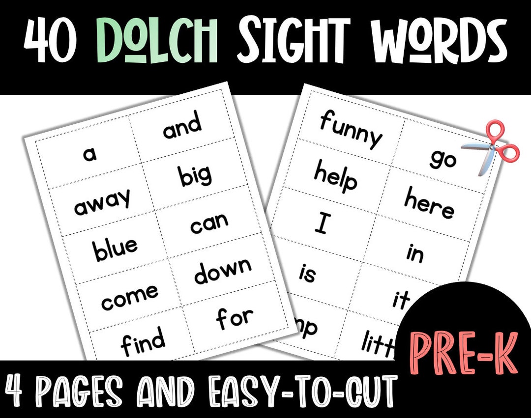 Prek Dolch Sight Words Downloadable Preschool Flash Cards Etsy