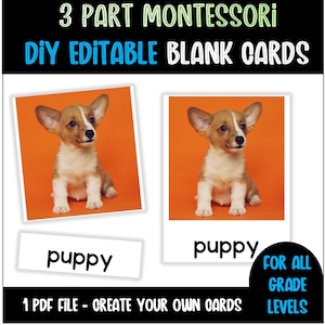 Tarjetas Montessori personalizables de 3 partes: descarga digital instantánea/impresión en PDF para aprendizaje temprano