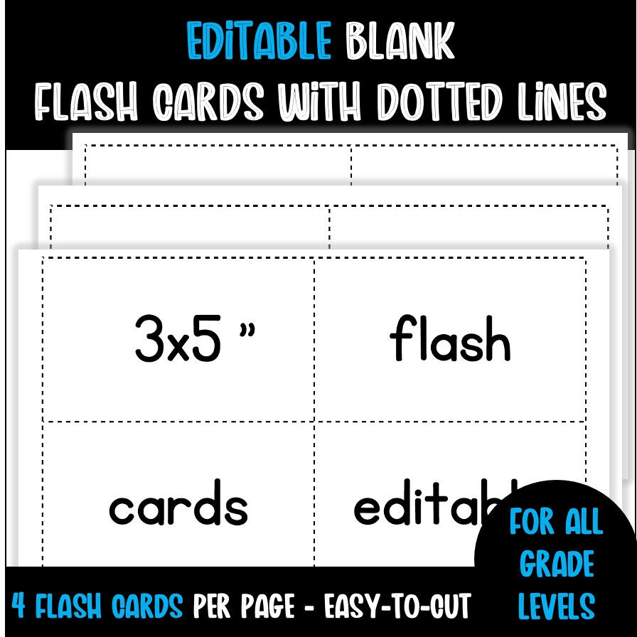 Editable 3x5 Flash Cards With Dotted Lines 4 per Page Flashcards Editable PDF Printable