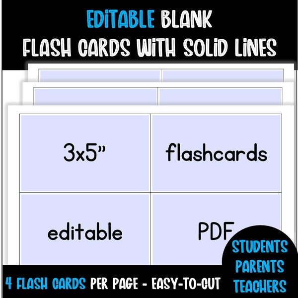 Editable 3x5" Flash Cards with Solid Lines - 4 per page | Flashcards Template | Editable PDF | Printable Resource | Printable Flash Cards