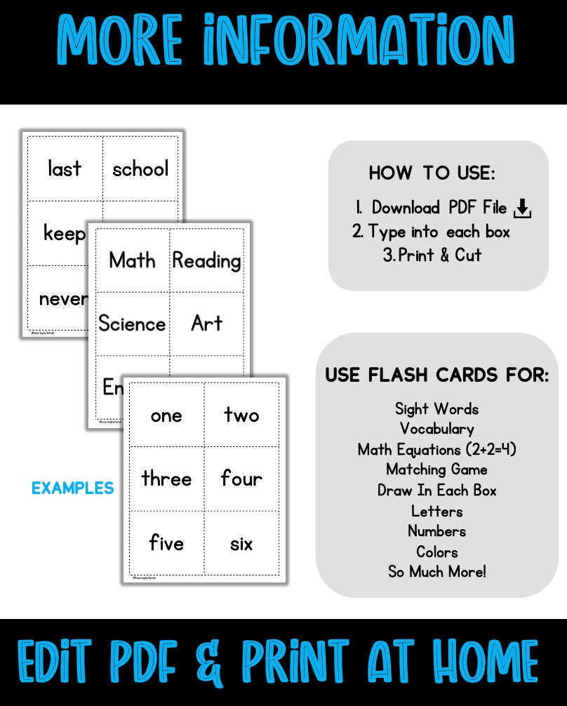 Editable Flash Cards With Dotted Lines 6 per Page Flashcards Digital