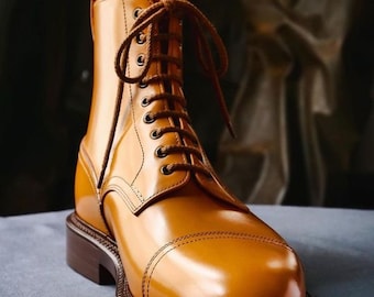 New Handmade Men's Tan Color Lace Up Long Boot Leather cap toe boots