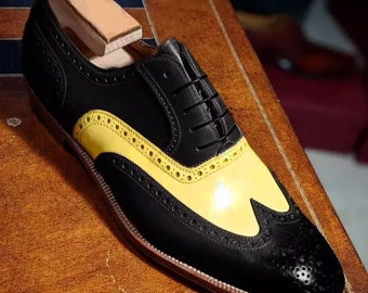 New Men's Oxfords Look Black Yellow Wingtip Designer Handmade Lace up Shoes