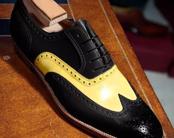 New Men's Oxfords Look Black Yellow Wingtip Designer Handmade Lace up Shoes