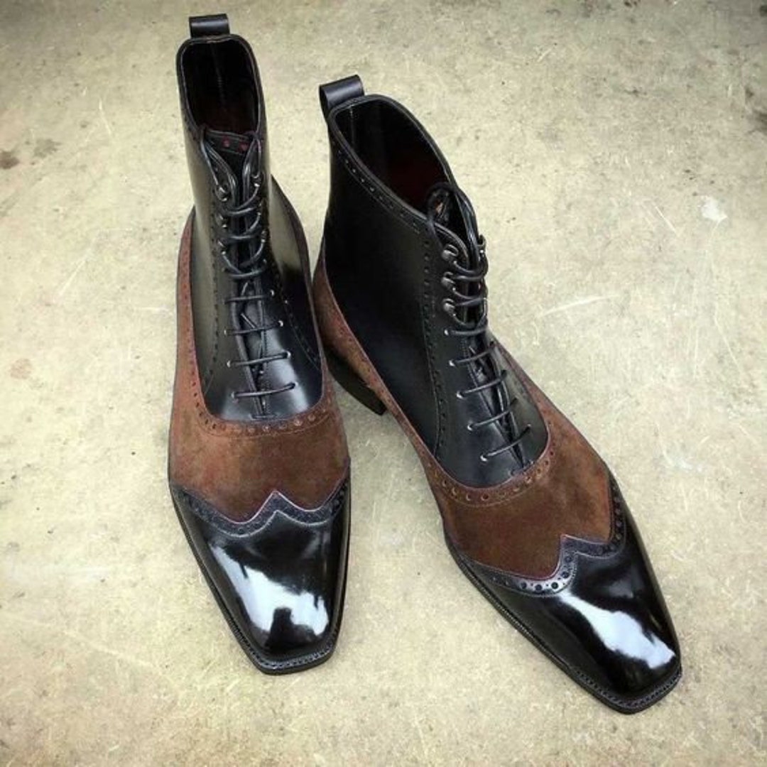 Handmade Men Two Tone Wingtip Long Boots With Suede Leather
