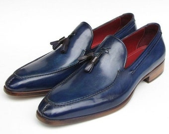 New Men's Navy Blue Leather Polishing Handmade Wedding Loafers Shoes