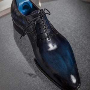 Handmade Cowhide Leather Black & Blue pointed Toe Formal Shoes for Men