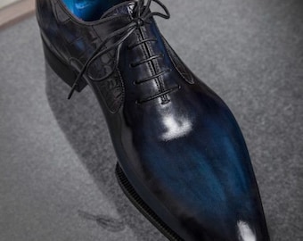 Handmade Cowhide Leather Black & Blue pointed Toe Formal Shoes for Men