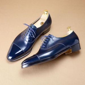 Handmade Leather Oxford Navy Blue Color Cap Toe Formal Dress Shoes For Men's