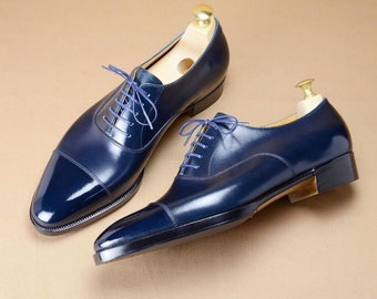 Handmade Leather Oxford Navy Blue Color Cap Toe Formal Dress Shoes For Men's