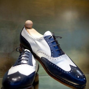 New Men Handmade Leather Wing Tip Two Tone Brogue shoes, Men White & Blue Shoes