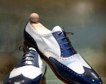 New Men Handmade Leather Wing Tip Two Tone Brogue shoes, Men White & Blue Shoes