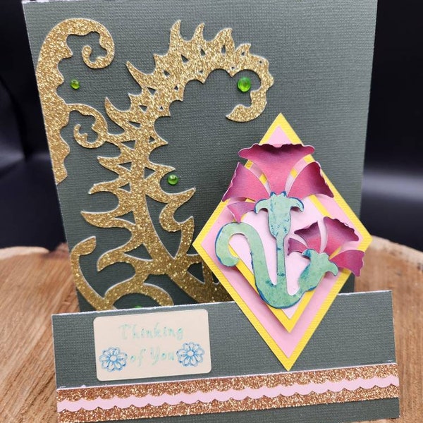 Fold Out "Thinking Of You" Card with Flower and paisley design- Any Occasion
