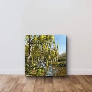 landscape pond painting with trees, acrylic painting on canvas, canvas painting art, wall art decor, scenery and landscape 10 x 10 inches
