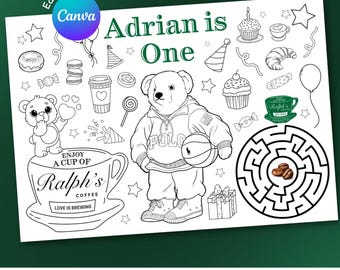 Polo Ralph Bär Malvorlage, Ralph's Coffee Kids Geburtstagsaktivität, Babyshower Tischset - Bearbeitbare Canva Vorlage